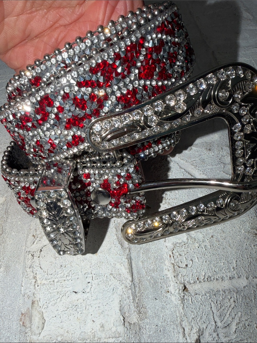 Rhinestone Red & Silver Western-Style Women's Belt❤️🩶✨